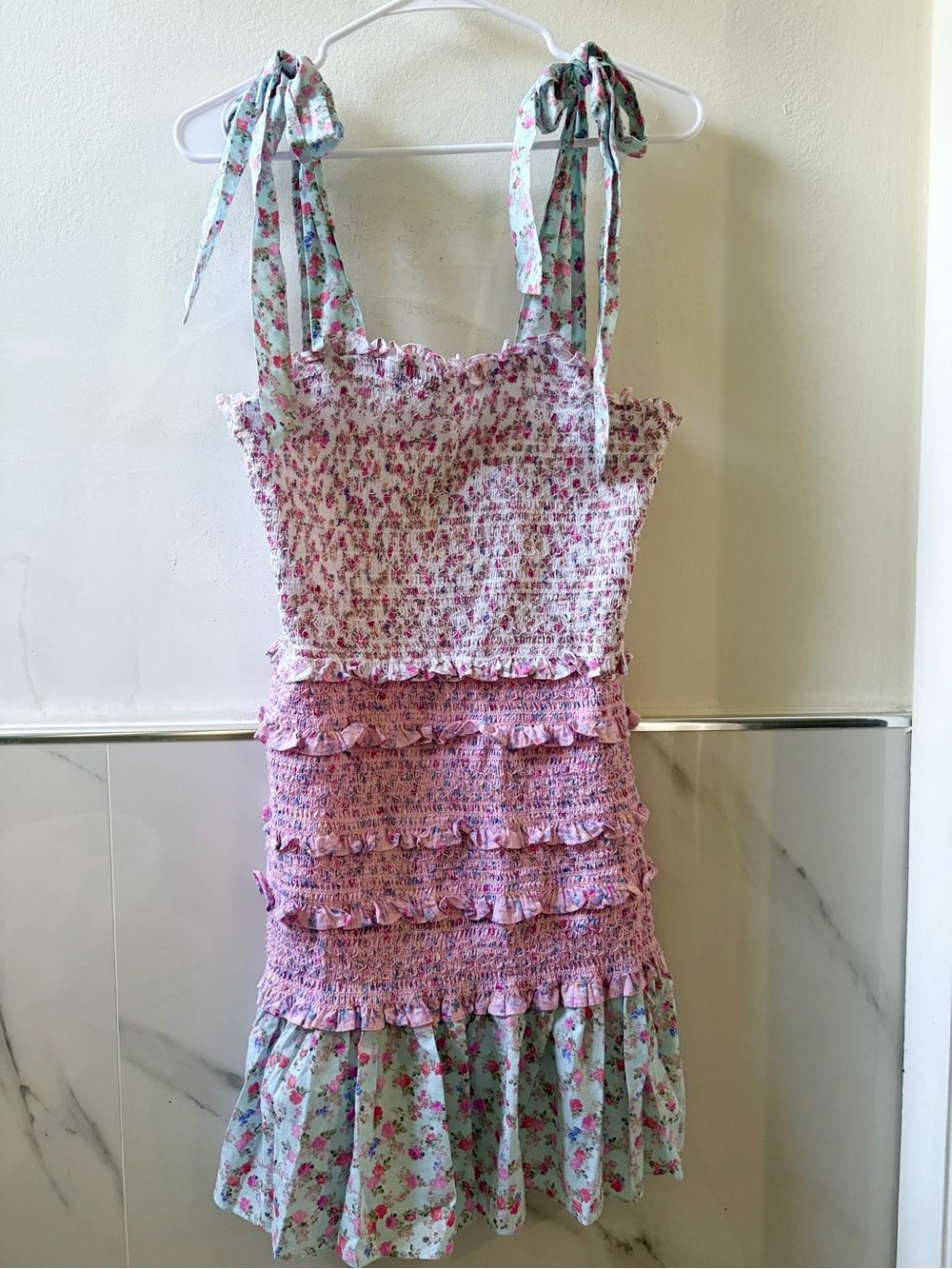 LoveShackFancy Belle Blue Jay Floral Smocked Mini Dress Size M
